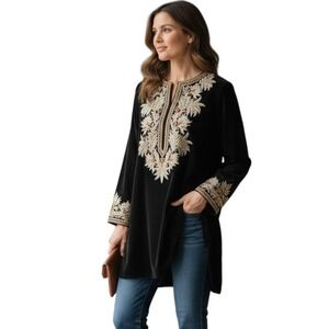 New Soft Surroundings Women's Tunic Blue Embroidered Beaded Black Velvet  Small